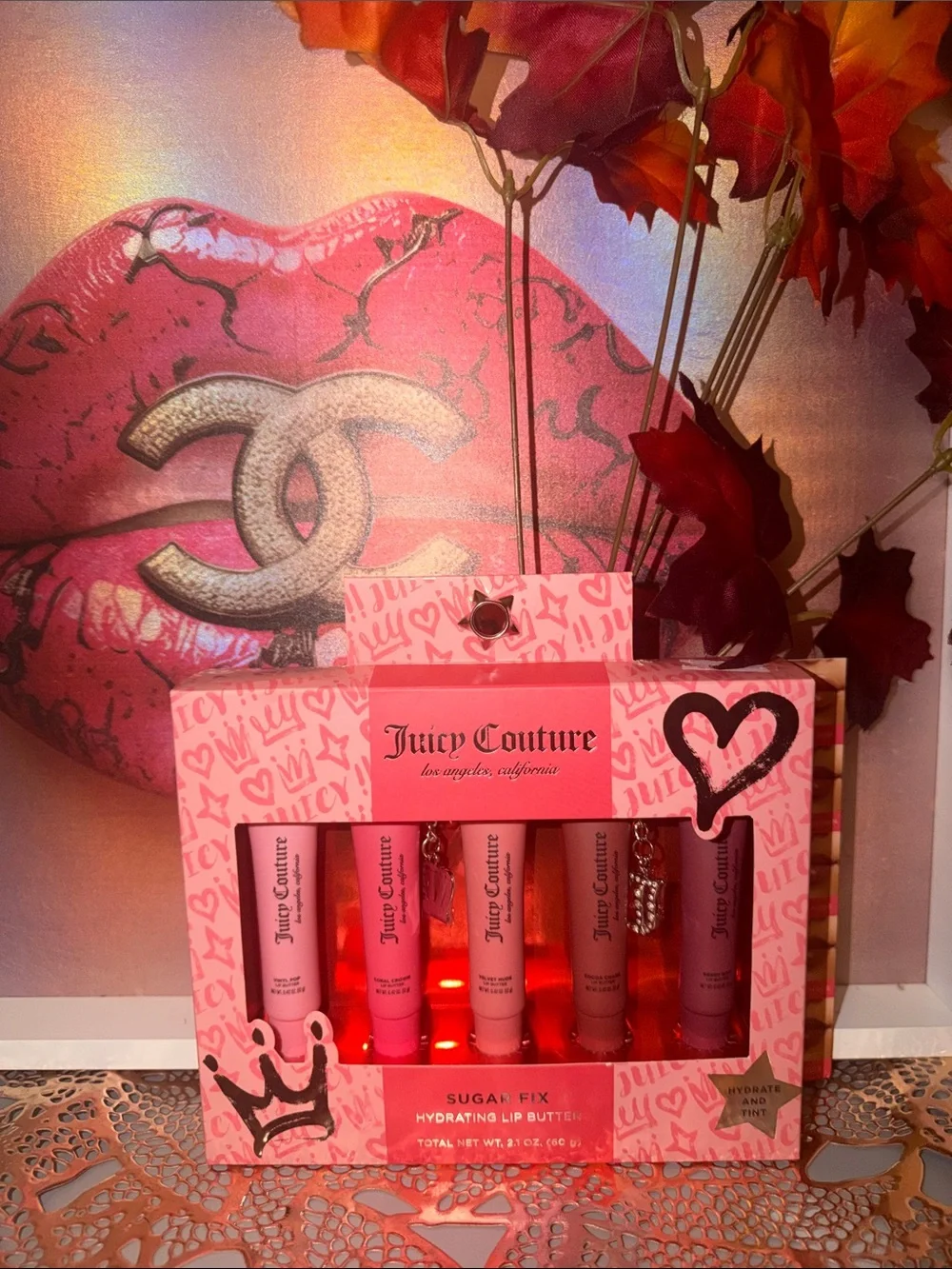 Juicy Couture Hydrating Lip Butter 5 PC Set - Pink & Nude Shades&cute charms